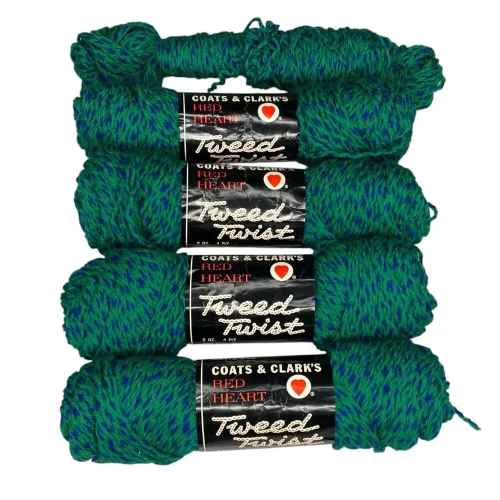 Coats & Clark Red Heart Tweed Twist Wool Yarn Green Blue 2oz Each Lot of 4 Vtg